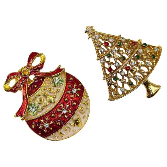 Christmas Brooch 2PC Set Gold Tone Red Enamel Holiday Festive Tree Ornament Snow - Picture 2 of 11